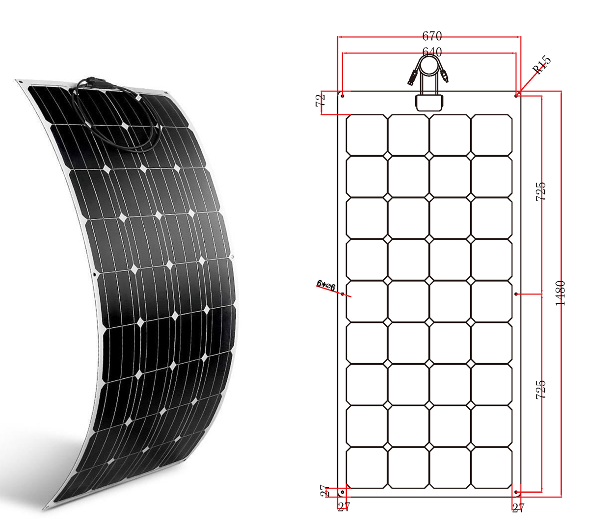 Módulo fotovoltaico mono solar flexible de 170W
